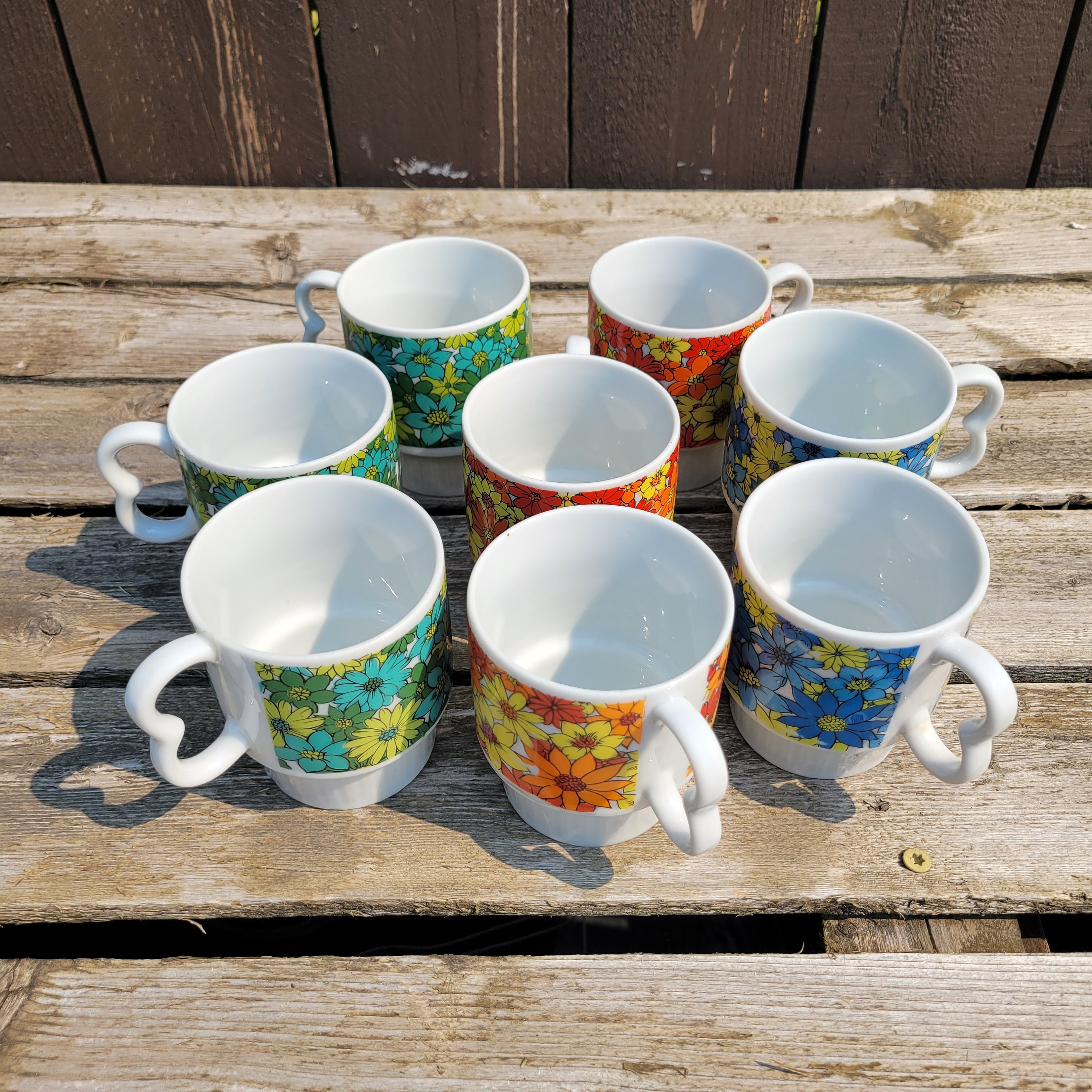 Vintage Ceramic Floral Stacking Mugs, Two Finger Handles