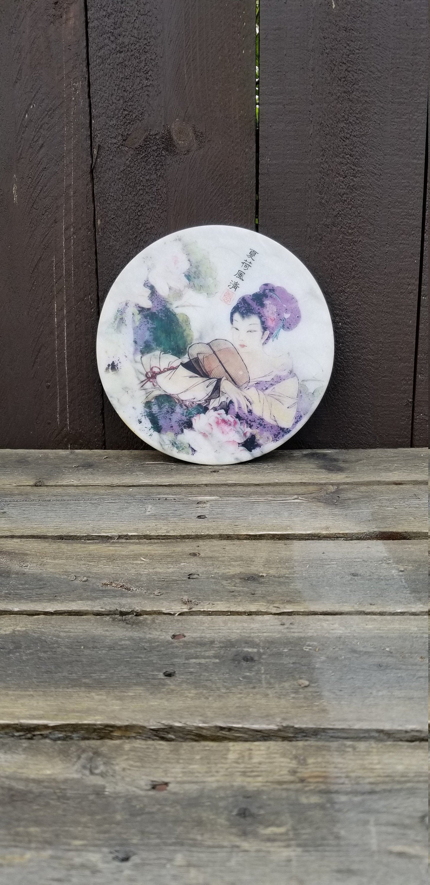 Vintage Asian art on marble Chinese painting on marble disc Etsy