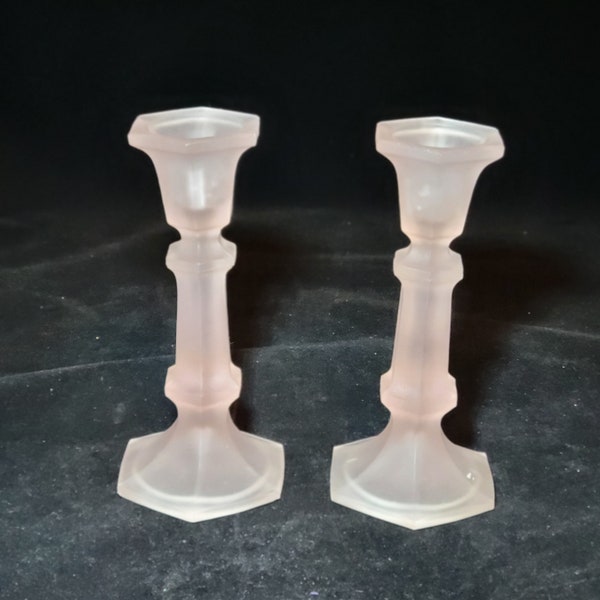 Vintage Pink Frosted Taper Candle Holders, Set of 2, Pink Satin Glass Candleholders, Blush Frosted Glass, Diningroom Decor, Table Elegance