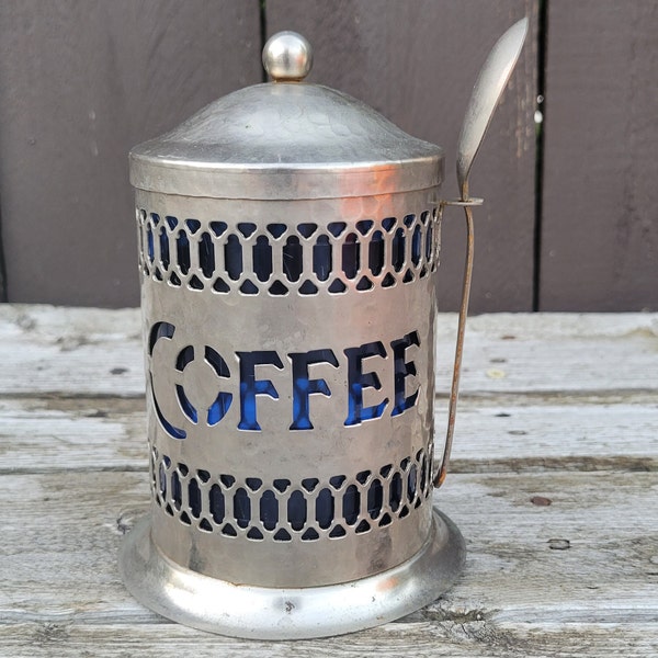 Vintage "Gales of Sheffield" Silverplate Coffee Canister with Lid,Hammered and Reticulated Metal, Blue Insert,Hook and Spoon,Made in England