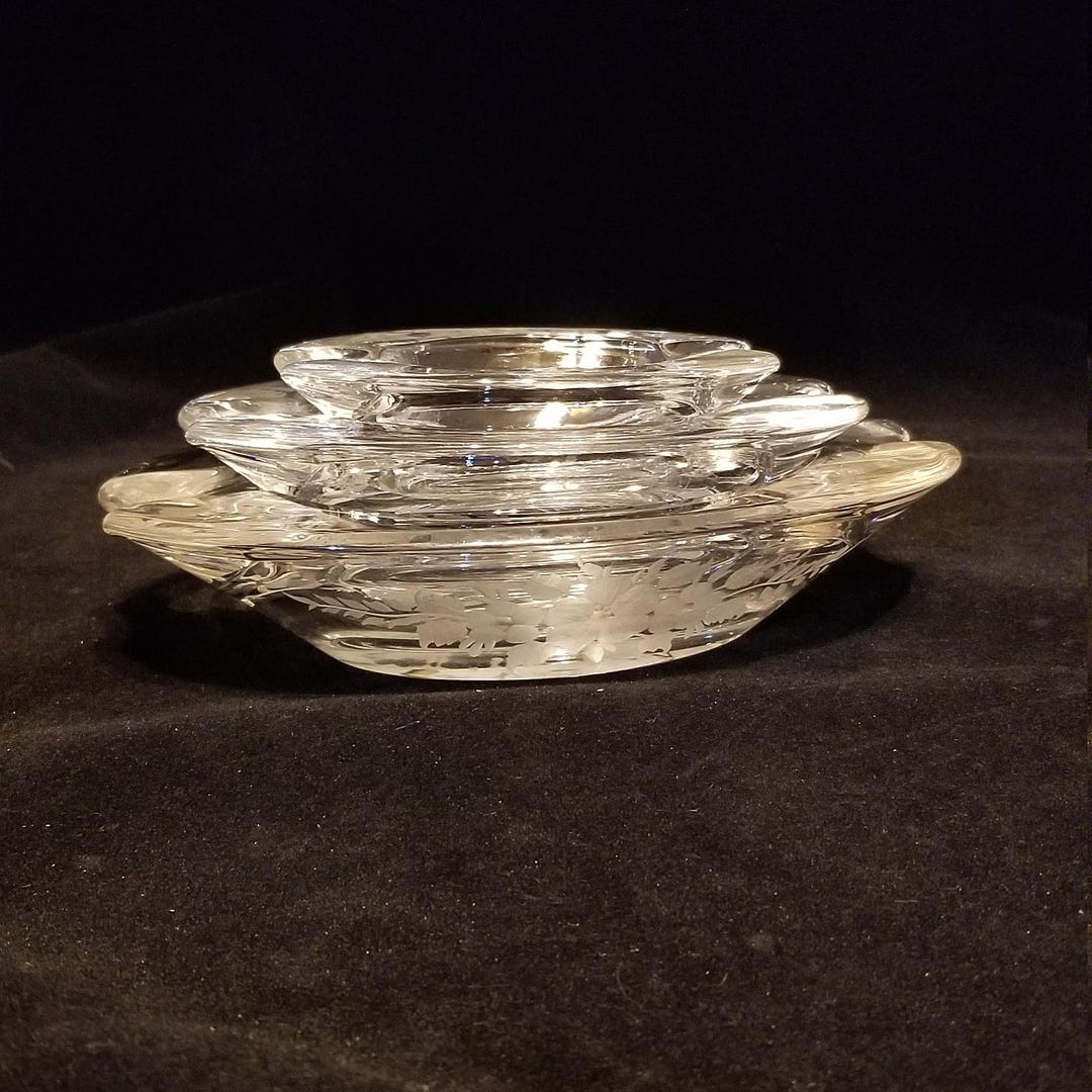 Vintage T G Hawkes Crystal Stacking Ashtrays: Midcentury Flower Design