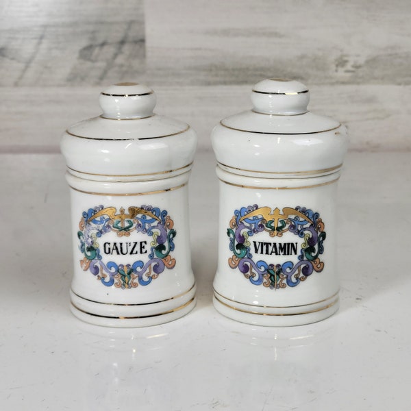 Vintage Thames  Porcelain Apothecary Jars with Lids,Set of 2,  Vitamins and Gauze, Made in Japan, Pharmacy Jars, Medicine Cabinet, Bathroom