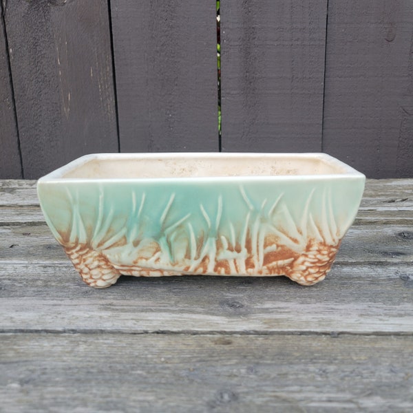 Vintage McCoy "Rustic Pinecone" Planter, Ceramic Art Pottery, Cream Green & Brown, Soft Matte Glaze,Windowbox Planter #506,1940s Made in USA