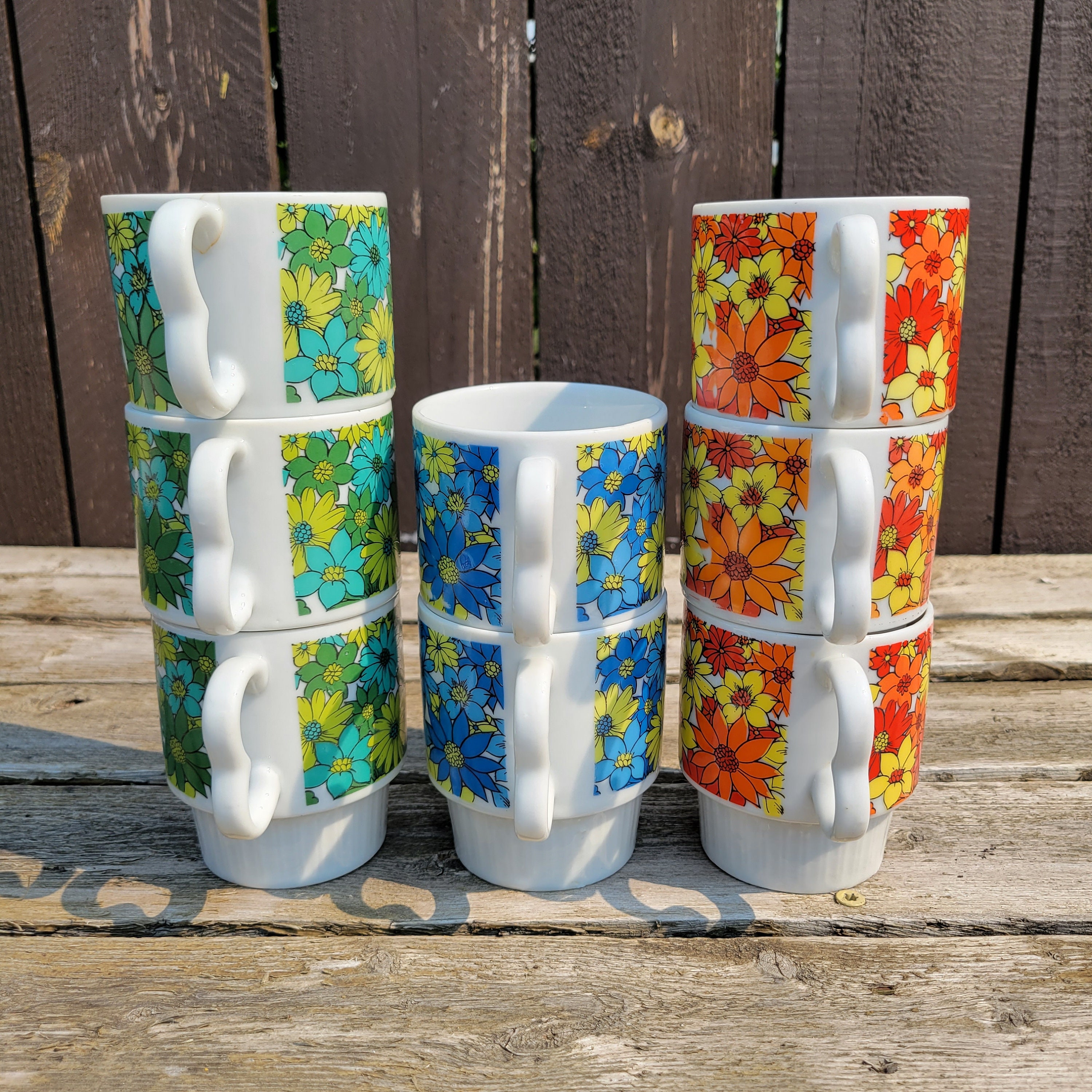 Vintage Ceramic Floral Stacking Mugs, Two Finger Handles