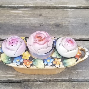 Vintage Ceramic Floral Stacking Mugs, Two Finger Handles
