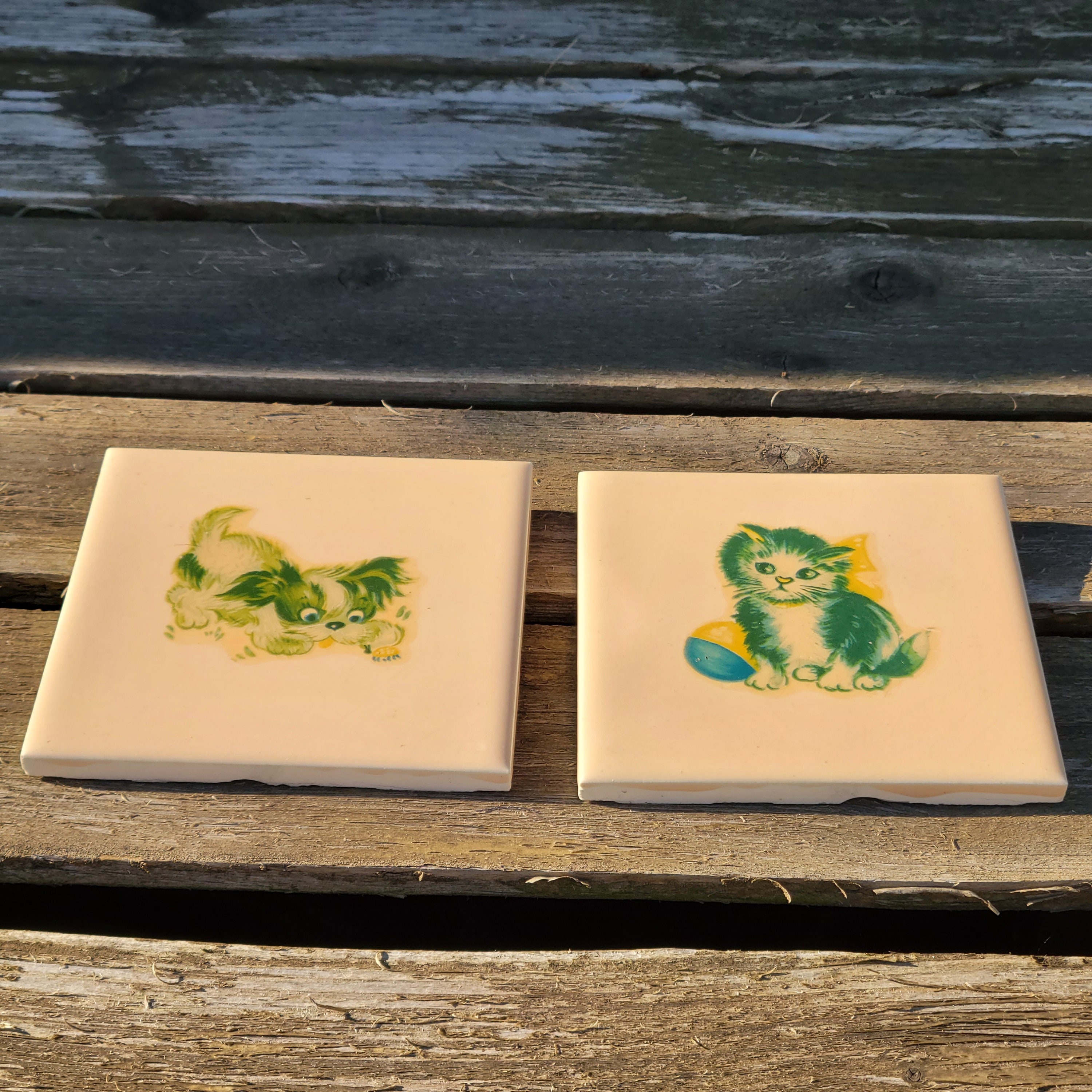 Vintage Ceramic Nursery Wall Tiles Set of 2 Puppy and Kitty Etsy