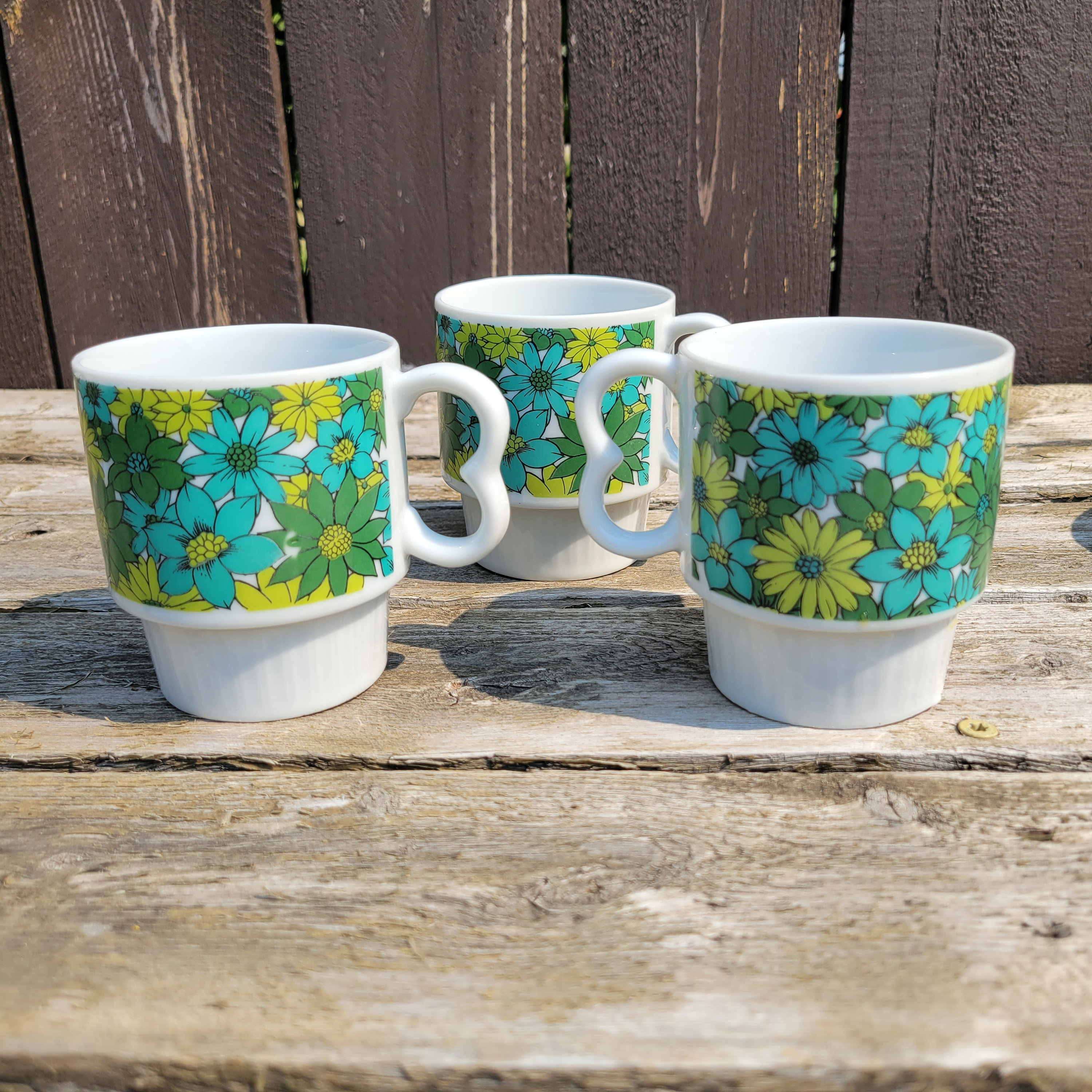 Vintage Ceramic Floral Stacking Mugs, Two Finger Handles Vintage Ceramic Floral Stacking Mugs, Two Finger Handles