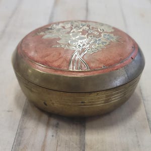 Vintage Brass Trinket Dish: Cloisonne Floral Enamel Lid, Boho Jewelry Box