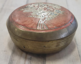 Vintage Brass Trinket Dish: Cloisonne Floral Enamel Lid, Boho Jewelry Box