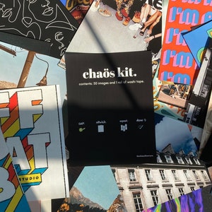 May include: A black card with white text that reads "cha&ouml;s kit. contents: 50 images and 1 roll of washi tape."  The card has three icons: a circle with a line through it, a square with a line through it, and three stacked rectangles with a check mark.