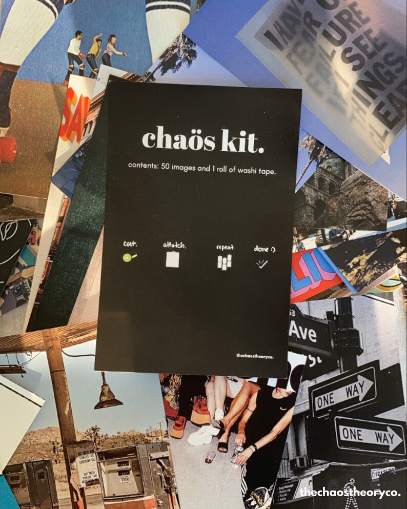 May include: A black card with white text that reads "cha&ouml;s kit. contents: 50 images and 1 roll of washi tape."  The card has four icons with the words "cut", "attach", "repeat", and "done".