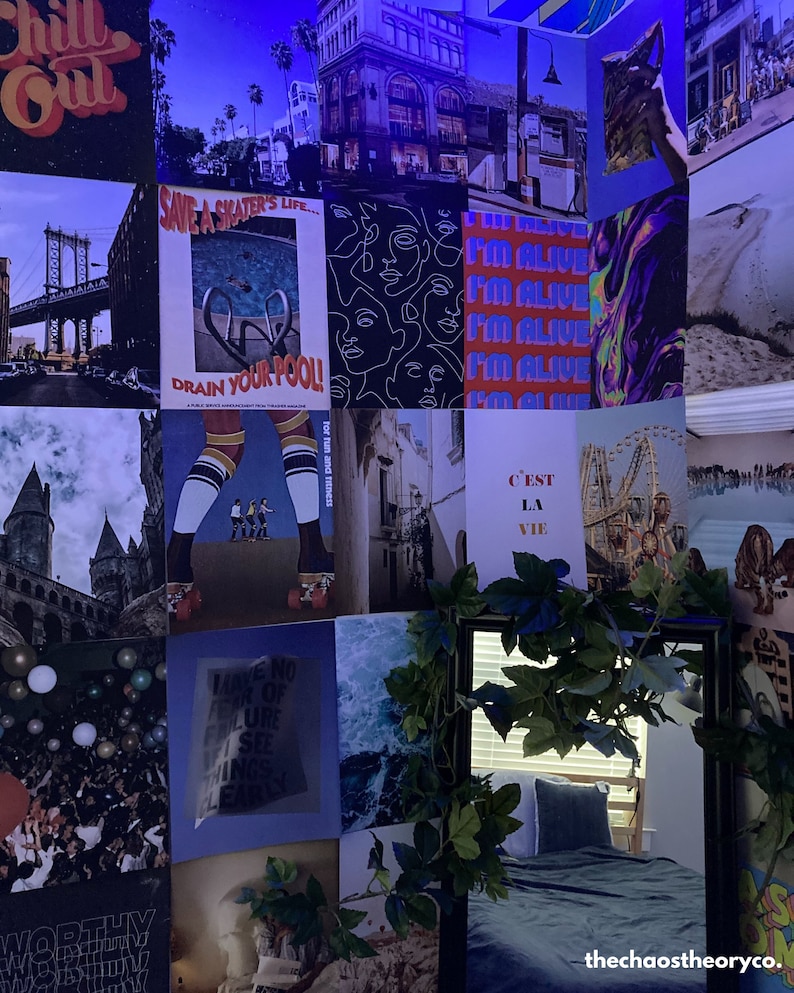 May include: A collage of posters with various designs and colors, including a cityscape, a pool, a roller skater, a Ferris wheel, and a beach scene. The posters are arranged in a grid pattern on a wall. The text on the posters includes "Chill Out", "Save a Skater's Life", "Drain Your Pool", "I'm Alive", "C'est La Vie", and "Have No Fear of Failure".