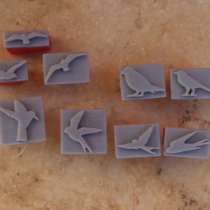 May include: A set of ten rubber stamps featuring different bird silhouettes. The stamps are grey and have a red base. The birds include a hummingbird, a robin, a sparrow, and a seagull.
