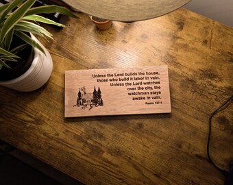 Letrero de madera grabado del Salmo 127:1 / Decoración rústica de caoba con versículo bíblico