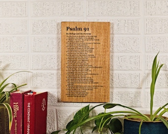 Letrero de madera grabado del Salmo 91 / Arte mural de las Escrituras cristianas