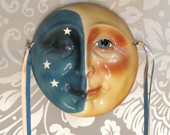 Vintage Man In The Moon 3D Ceramic Wall Art by ABOUT FACE San Francisco/ As Different as Night and Day Wall Hanging Face with Ribbons
