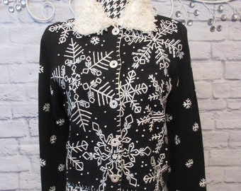 Glistening Snowflakes 1997 Michael Simon Black & White Winter Themed Cardigan Sweater/ Sz Small/ Embroidery Beads Fab Faux Fur