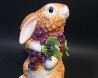Whimsical Gorgeous Large Ceramic Standing Golden Brown Bunny Rabbit Figurine with Grapes & Leaves Boa/ Easter, Garden, Wine, Kitsch Decor