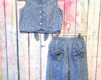 Vintage Laura Ashley Mother and Child Girl's 2-Piece Outfit / Matching Cotton Pants and Button Front Vest Top/ Denim Blue with White Flowers