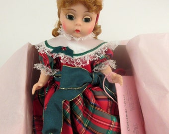 1995 Madame Alexander Christmas Series "Christmas Eve" 8" Doll #10366/ Red Hair, Green Eyes, Taffeta Plaid Dress, Xmas Stocking/ Like new!
