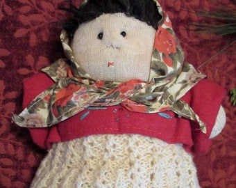 Handmade Bobita Woman with Babushka Sock Doll OOAK/ Crochet Dress Embroidered Beaded Top/ Vintage W/O Tag "Little Souls" Made in Romania