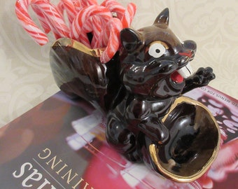MCM Humorous Redware Squirrel Planter Atomic Era Brown Drip Glaze & Gold Accents/ Candy, Nuts, Coins, Cards Holder/ Kitsch Whimsical Retro
