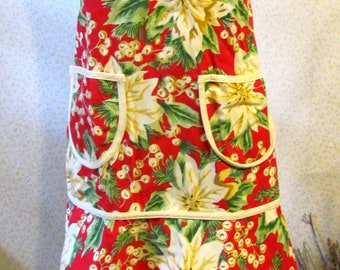 Retro Kitschy Women's Kitchen Apron/ Vintage Christmas Poinsettia Print Cotton Twill with Pockets and Neck & Back Ties