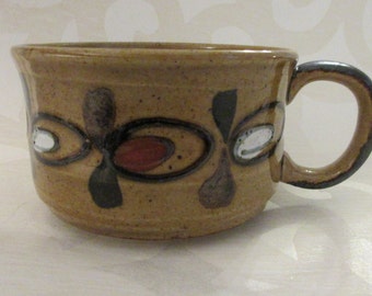 Vintage Speckled Mid-Century Stoneware Coffee Soup Mug with Abstract Pattern/ Unmarked Like Otagiri Japan/ Rustic Primitive Bowl