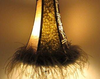 Vintage Eclectic 12" Tall Beads, Feathers, Multi-Pattern Lampshade/ Olive Faux Ostrich, Raw Umber Plaid & Chain Scarf Print, Textured Linen