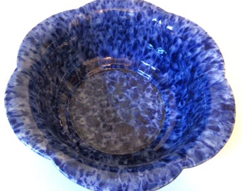 Rare! Vintage 1976 HAEGER POTTERY Blue Sponge Flower Serving Bowl 9 1/4" Diameter #3227/ Cottagecore Rustic Urban Farmhouse/ Made in USA