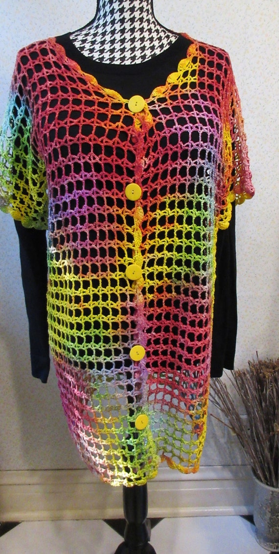 Groovy 1960s Bright Rainbow Dyed Long Open Crochet