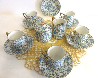 Crown Royal DEVON ROSE Demitasse Chintz Dessert Tea Espresso Set/ 6 Plates, 5 2oz. Cups, Creamer & Sugar Bowl/ Turquoise Blue White and Gold