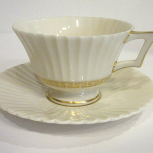 Lenox CRETAN 4 Footed Cup and Saucer Sets/ Ivory & Gold Greek Key Pattern/ Vintage 1970s