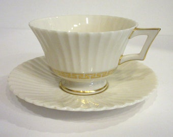 Lenox CRETAN 4 Footed Cup and Saucer Sets/ Ivory & Gold Greek Key Pattern/ Vintage 1970s