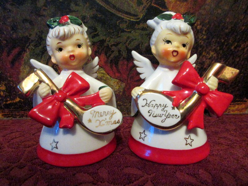 Napco Vintage 1957 Angel Bells Holding Merry Christmas & Happy | Etsy