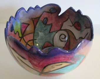 OOAK Vintage Harris-Cies Studio Organic Edge Fine Art Large Ceramic Centerpiece Bowl/ Postmodern Pottery Cubist Abstract Freeform Design
