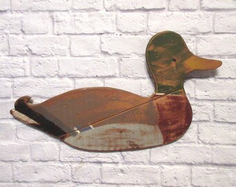 Vintage Painted Distressed Wood Mallard Duck Shaped Wall Art/ American Primitive Art/ Rustic Cabin Cottage Lodge/ Signed Louise Bene 1984