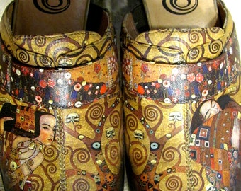 ICON Wearable Art Adaptation of Gustav Klimt's STOCLET FRIEZE Brussels Leather Open Back Flex High Heel Mules Shoes/ Size 7.5
