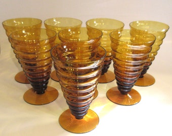 Vintage Amber Glass Footed 10-Ounce Beverage Glasses/ Art Deco Triangular Tapering Stacked Rings Beehive Design Blown Glass/ Set of 8