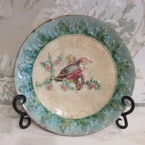 Antique 1800s Glazed Majolica High Relief Parrots Cockatoo Birds on Flowered Branch Shallow Bowl Cabinet Plate/ Turquoise and Ivory