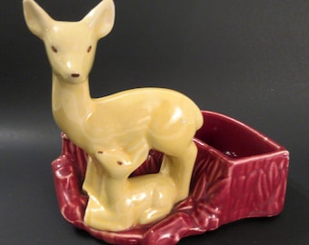 Fabulous! Mid-Century Shawnee Pottery Doe and Fawn Deer Planter #669/ 1950s Yellow & Burgundy Ceramic Kitsch Decor Accent/ Made in USA