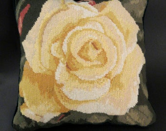 Yellow Rose Needlepoint Pillow by Imperial Elegance/ Forest Green Velvet Back/ 14" Square/ Corded Edge and Hidden Zipper