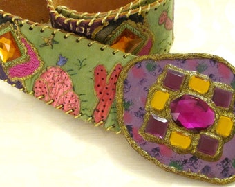 Wild! Wonderful! Southwest Themed Wide Painted Belt Signed by American Artist Bonnie Harris/ Gold, Green, Purple Bejeweled Suede/ Vtg 1980s