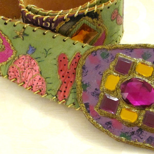 Wild! Wonderful! Southwest Themed Wide Painted Belt Signed by American Artist Bonnie Harris/ Gold, Green, Purple Bejeweled Suede/ Vtg 1980s