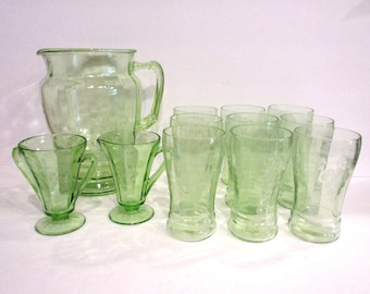 Rare! 12-Piece MacBeth Evans Green Vaseline Depression Glass Optic Panel Beverage Set/ Etched Grapes Grapevine/ Cottagecore Farmhouse 1930s