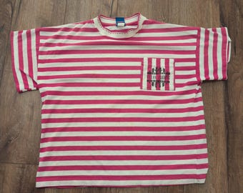 VTG OP Ocean Pacific Men's Large Stripe Shirt Surf Skate Sailing Fish Beach USA