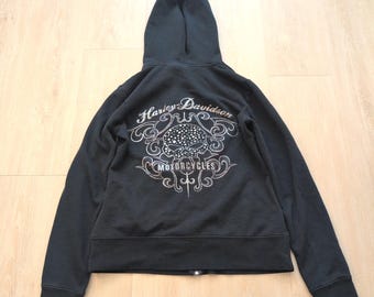 VTG Harley Davidson Women Medium Rhinestone Skull Zip Up Hoodie Grommet Biker