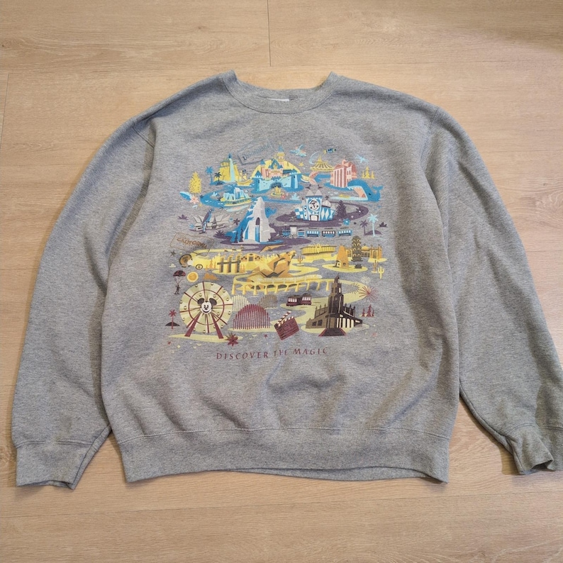 VTG Disney Parks Adult Large Discover the Magic Disneyland Map Sweatshirt Mickey image 1