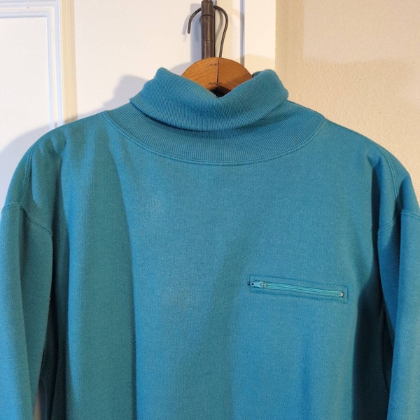 Vintage Eddie Bauer Turtleneck Men's Medium Pullover Sweater Bright Teal w/ Pocket