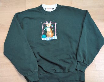 Vintage Morning Sun Hallmark Cat Sweatshirt Green XL Made in USA Christmas 90s